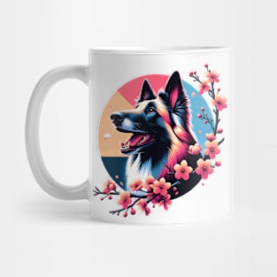 Joyful Belgian Sheepdog Amidst Spring Cherry Blossoms Mug